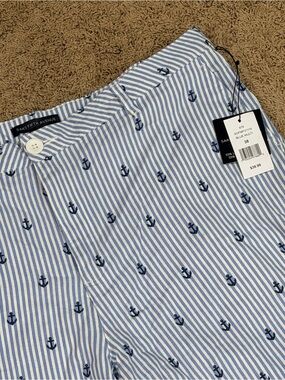 Saks Fifth Avenue Navy Anchor Blue Linen Shorts Mens Size 38 Flat Front Casual